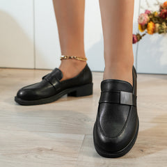 Women's Round Toe Loafers Slip On Block Low Heels Faux Leather Shoes