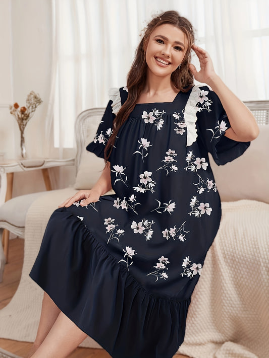 Nightdress Women's Plus Floral Print Lace Trim Short Sleeve