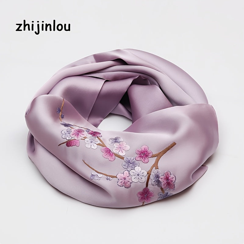 Silk Scarf Peach Branch Embroidery Shawl Sunscreen Windproof Head Wrap