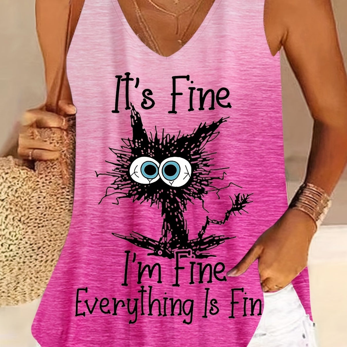 Cat Prin Gradient V Neck Tank Top for Women