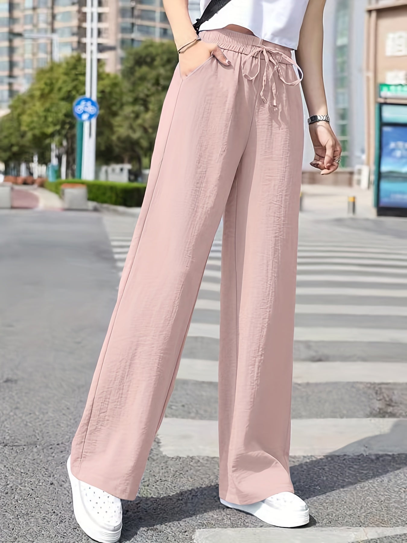 Solid Drawstring Wide Leg Pants Elastic Waist