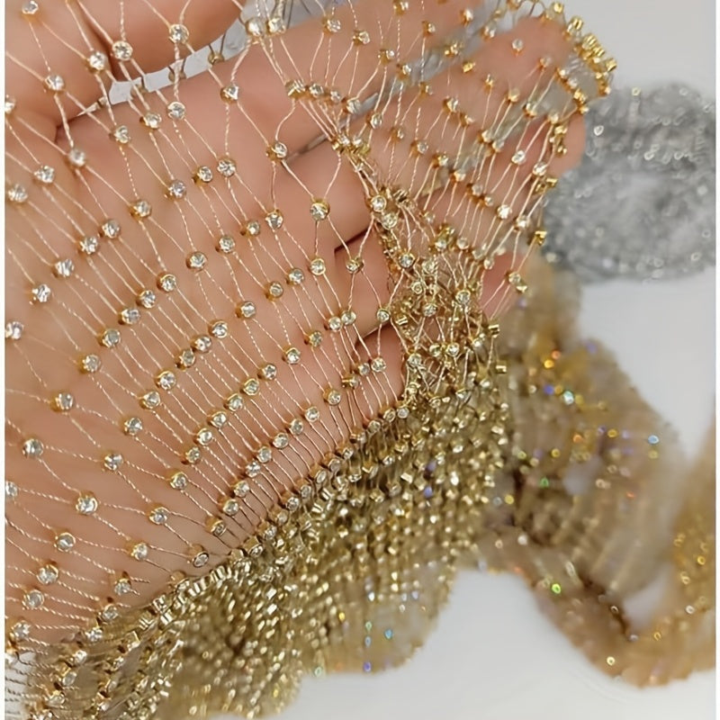 Golden Crystal Rhinestone Fishnet Fabric One Yard DIY Costume Mask Headband