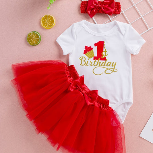 3pcs Baby Girls 1st Birthday Onesie & Mesh Skirt Set