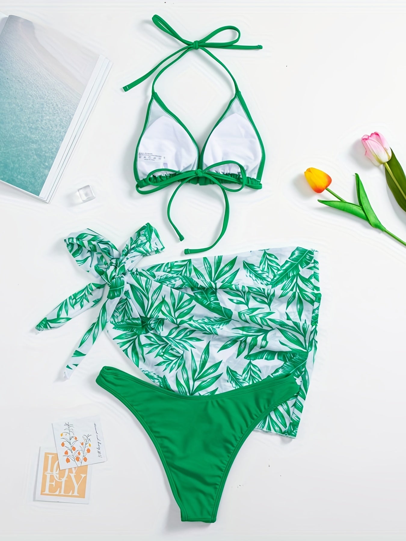 Leaf Print Bikini Set With Cover Up