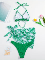 Leaf Print Bikini Set With Cover Up