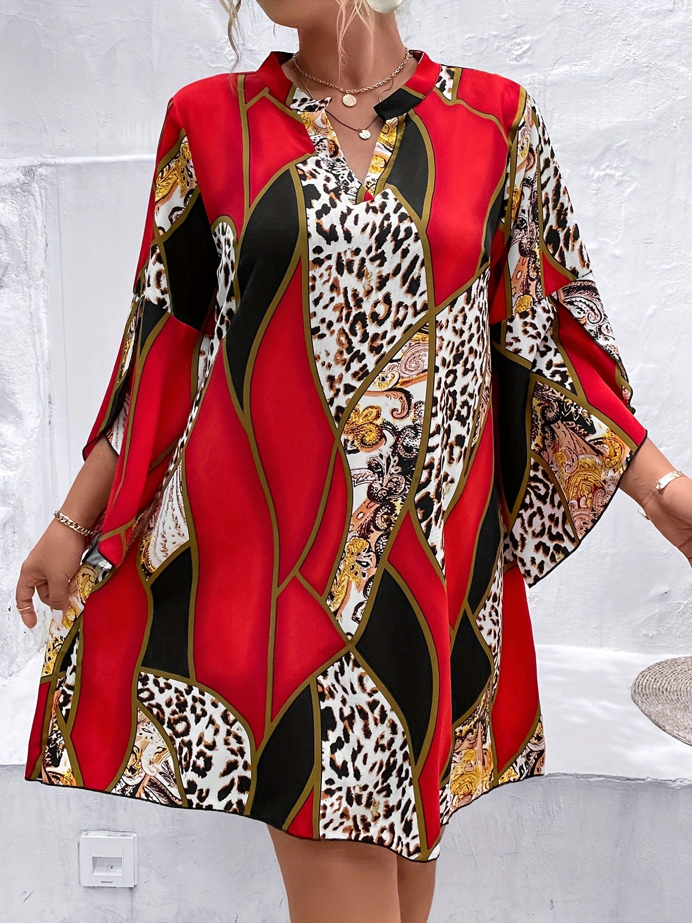  Colorblock Leopard Print Layered Sleeve Dress