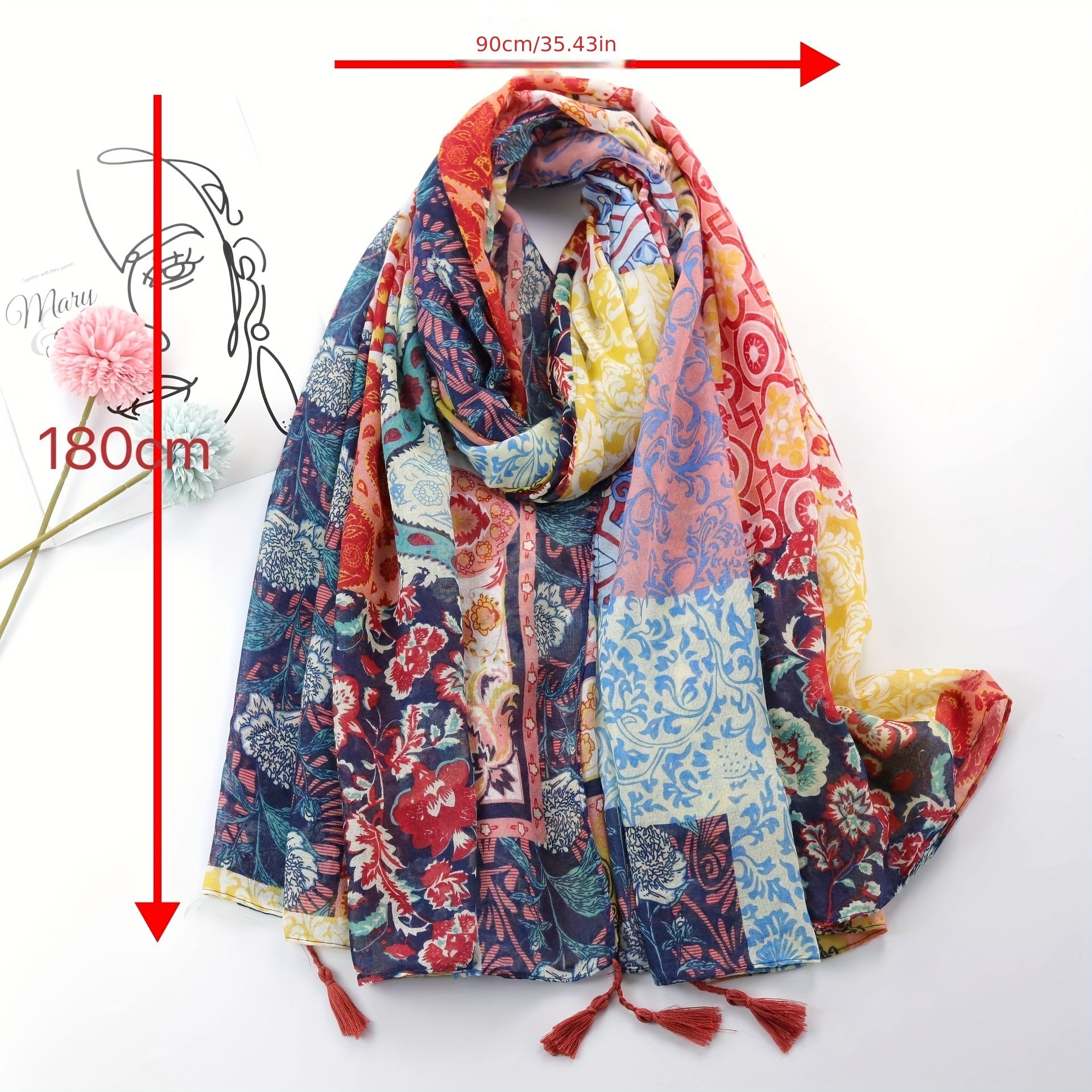 Geometric Flower Print Scarf Vintage Block Tassel Shawl Boho Windproof Head Wrap