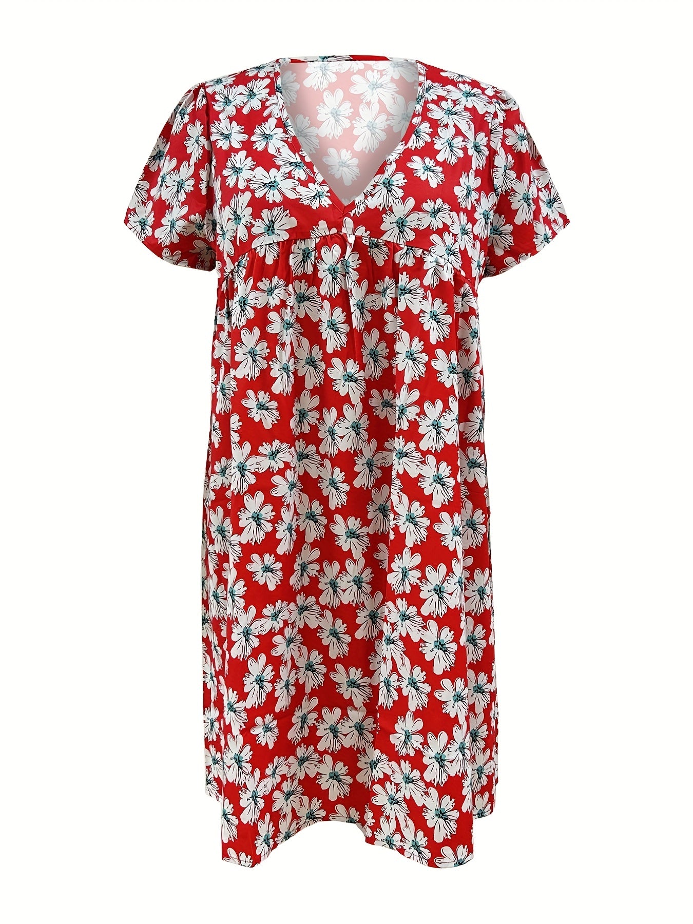 Floral Print Cap Sleeve V Neck Dress