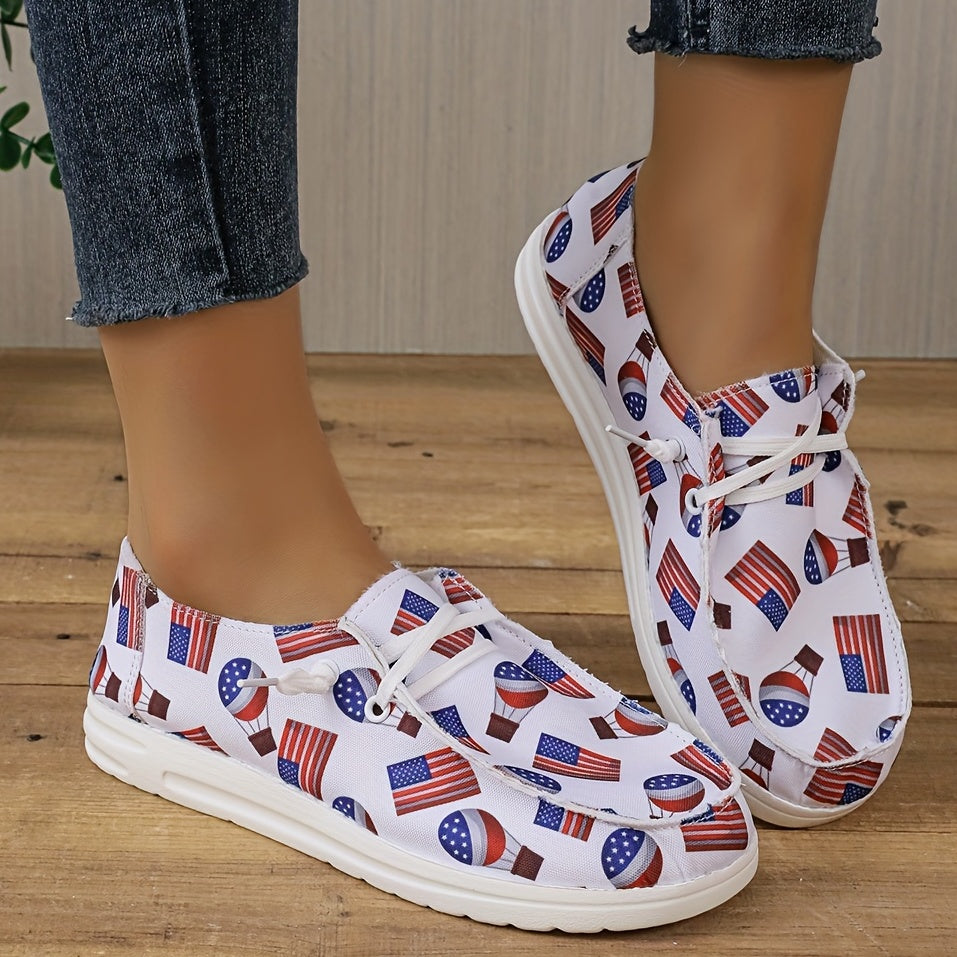 Women's Flag Pattern Flat Loafers Low Lace Up Round Toe Lightweight Shoes