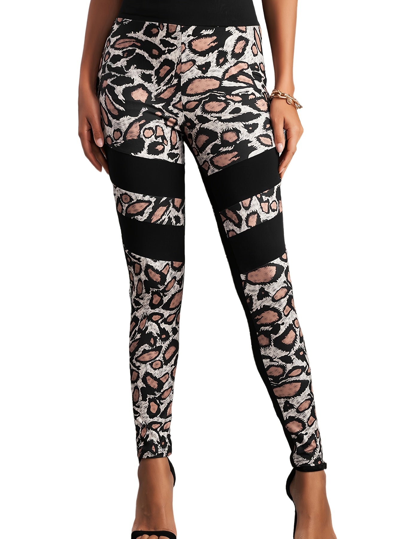 Leopard Print Panel Leggings High Waist Slim Skinny Leggings