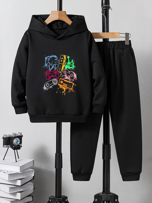 Boys Colorful Game Controller Print Hoodie & Sweatpants Set