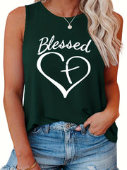  Cross In Heart Print Round Neck Tank Top