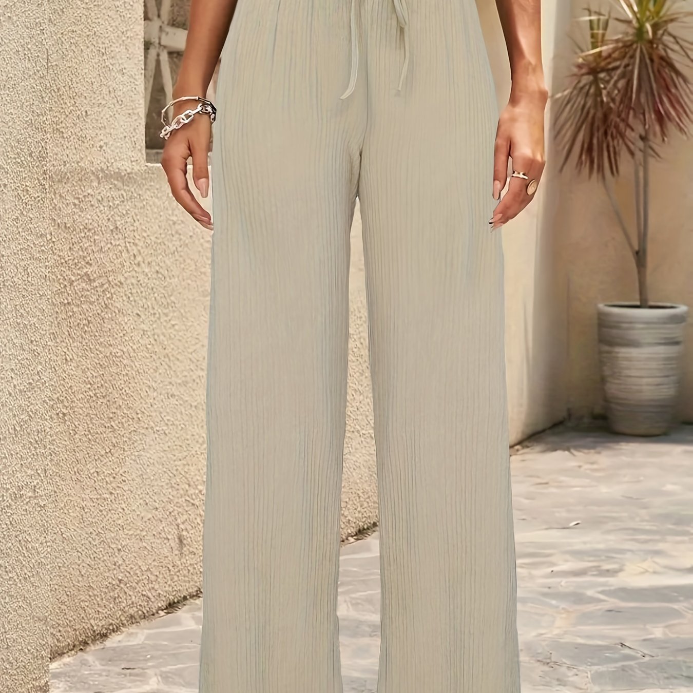 Solid Textured Wide Leg Pants Drawstring Waist Casual