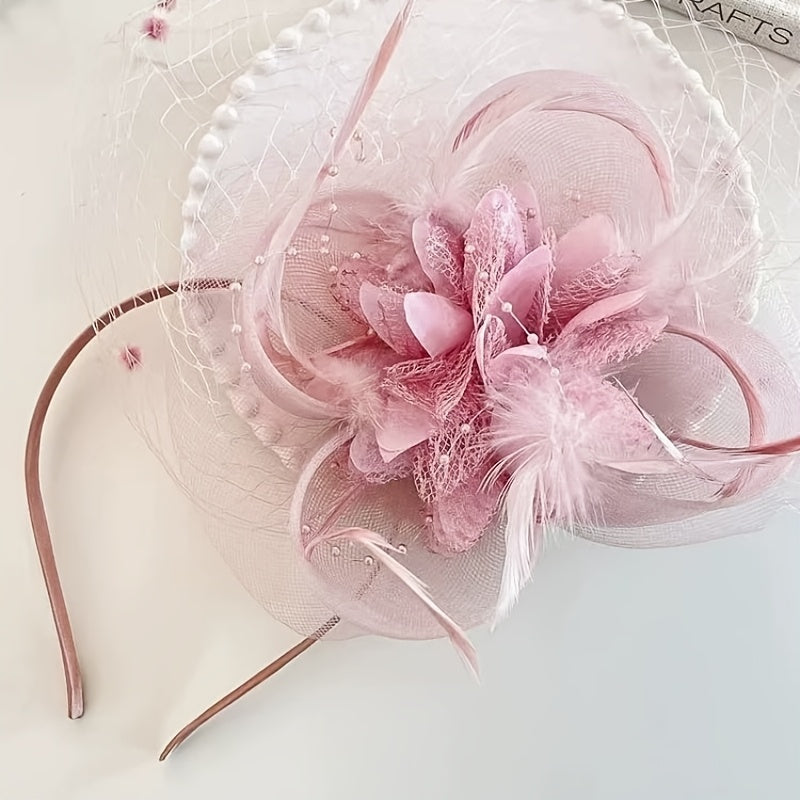 Vintage-Inspired Fascinator Headband with Mesh Veil and Flower