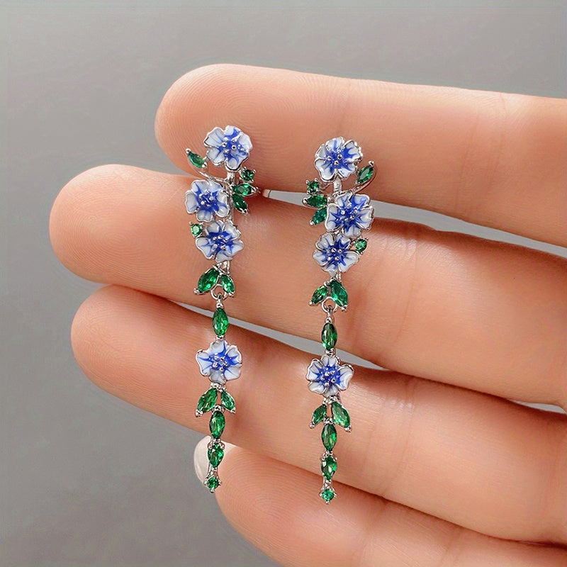 Emerald Synthetic Gem Flower Chain Dangle Earrings
