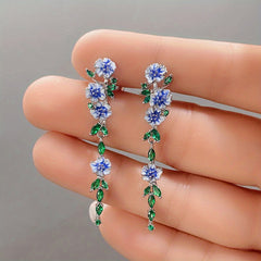 Emerald Synthetic Gem Flower Chain Dangle Earrings