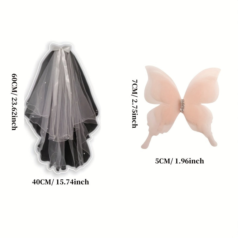 Pearl Bow 3D Butterfly Veil Set for Weddings & Parties