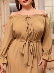  Solid Off Shoulder Maxi Dress With Belt
