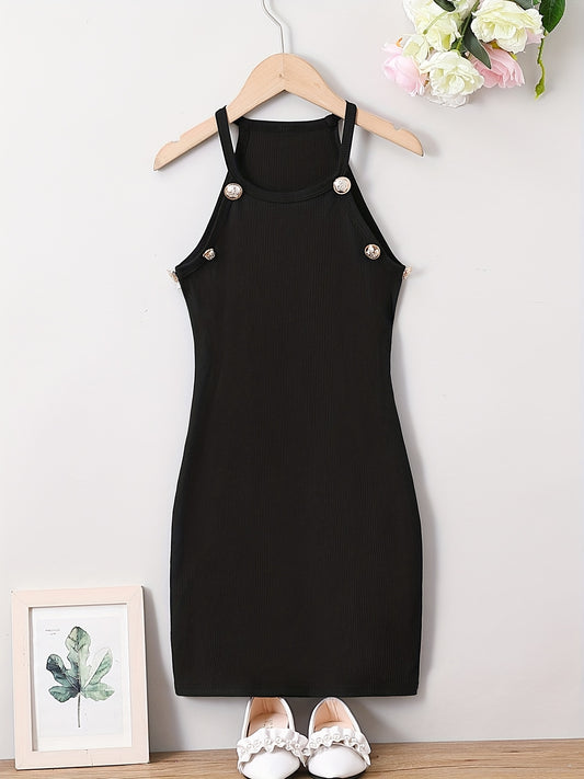 Teen Girls Halter Bodycon Dress Slim Fit Ribbed Button Detail