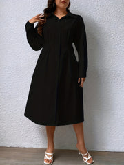  Solid Button Up Long Sleeve Polo Neck Midi Shirt Dress