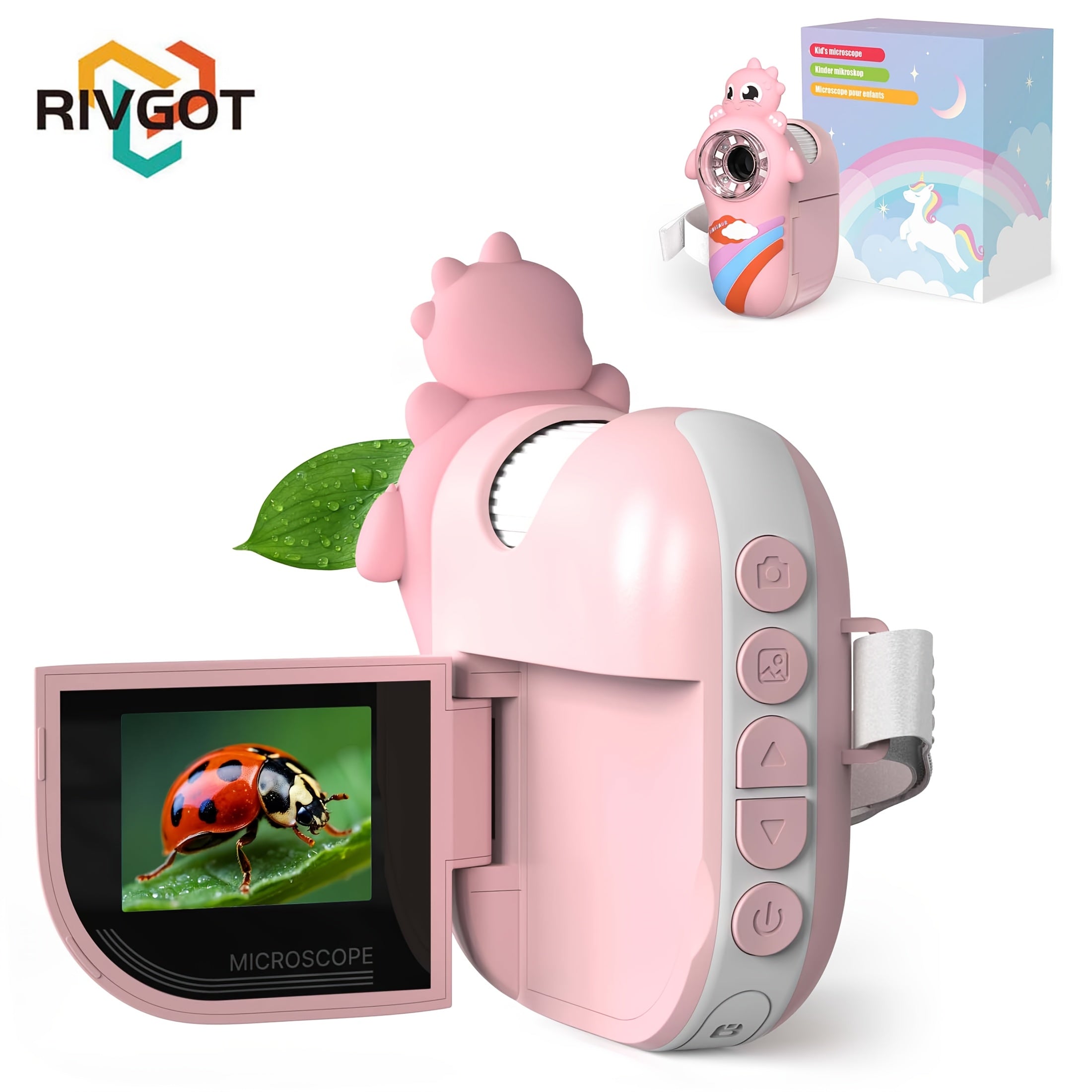 RIVGOT Kids Microscope 1000X Handheld with 8 Lights