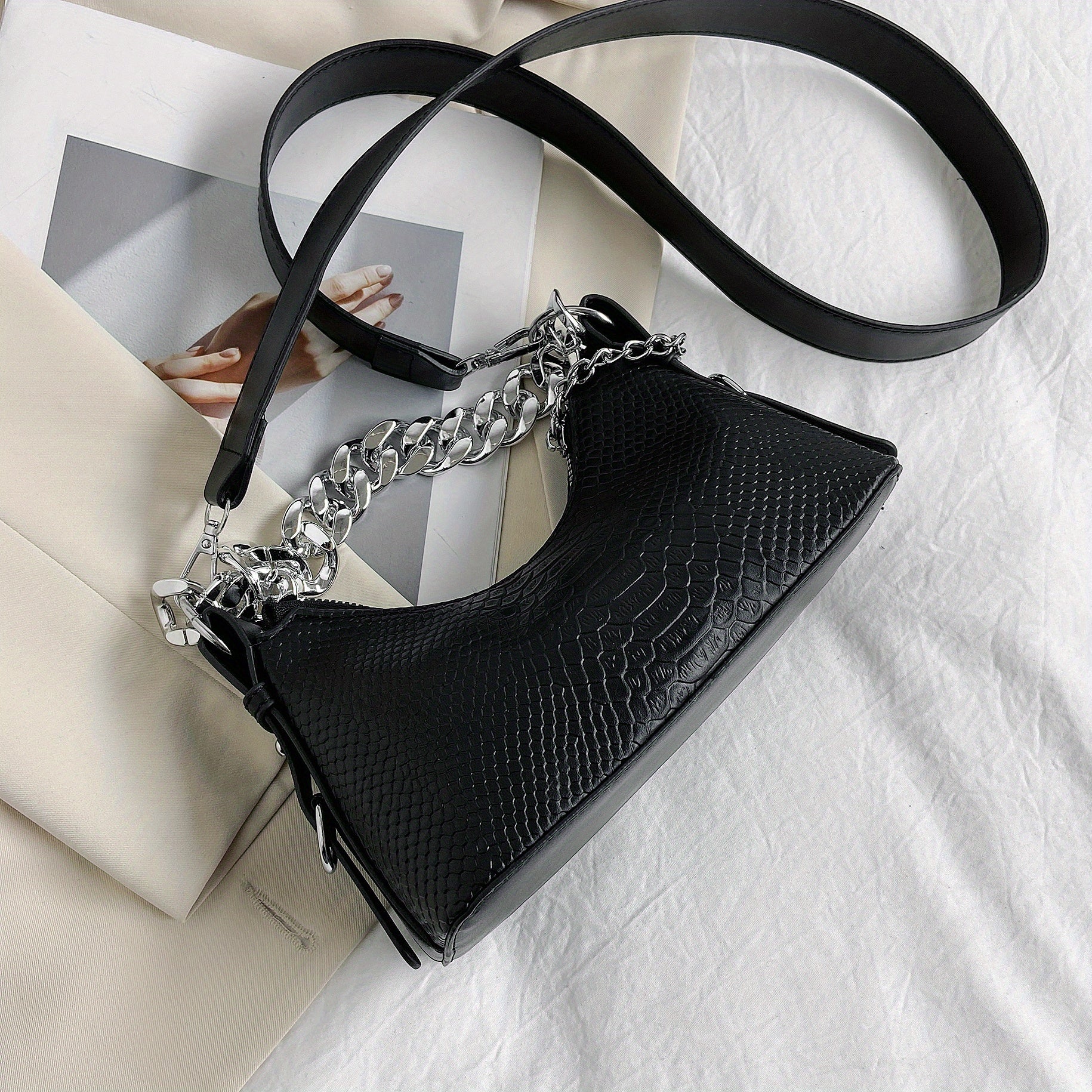 Y2K Chain Baguette Bag Crocodile Embossed Handbag Women's Small Crossbody Purse