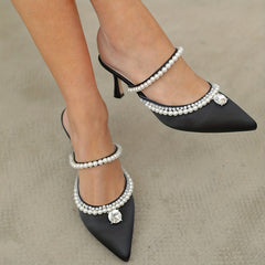 Women's Pearl & Rhinestone Slingback Mules High Heels