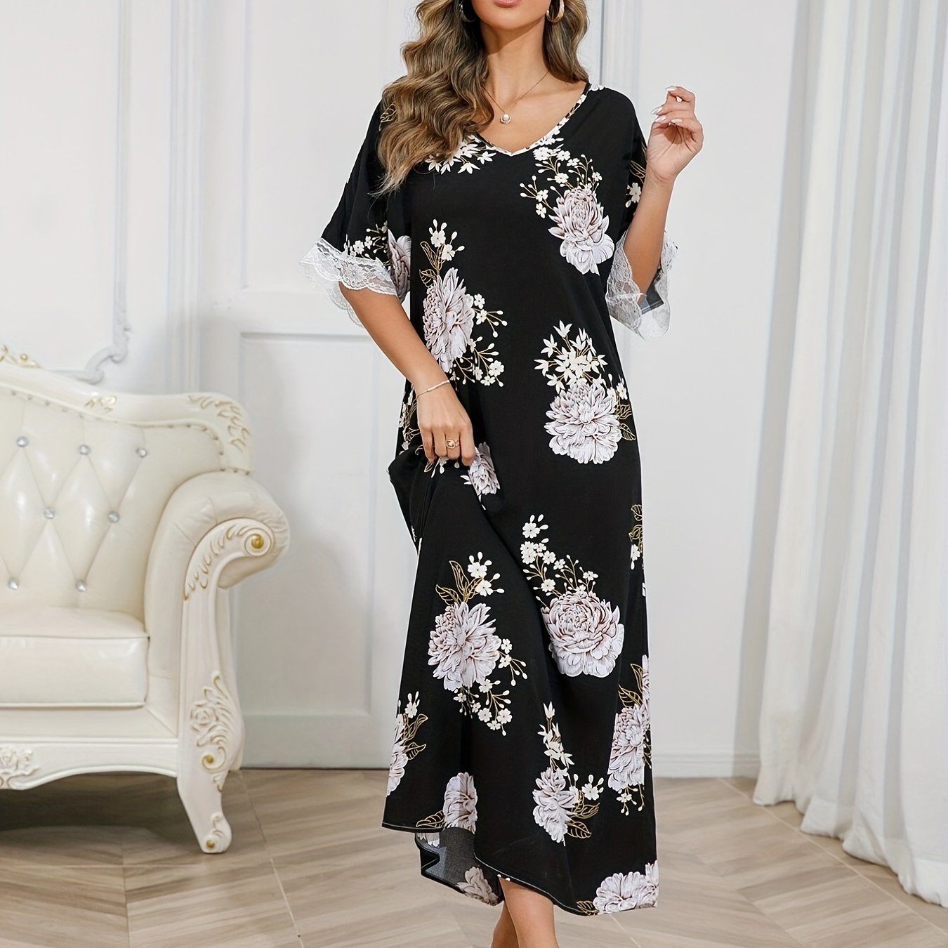Floral Print Lounge Dress with Lace Trim Short Sleeves