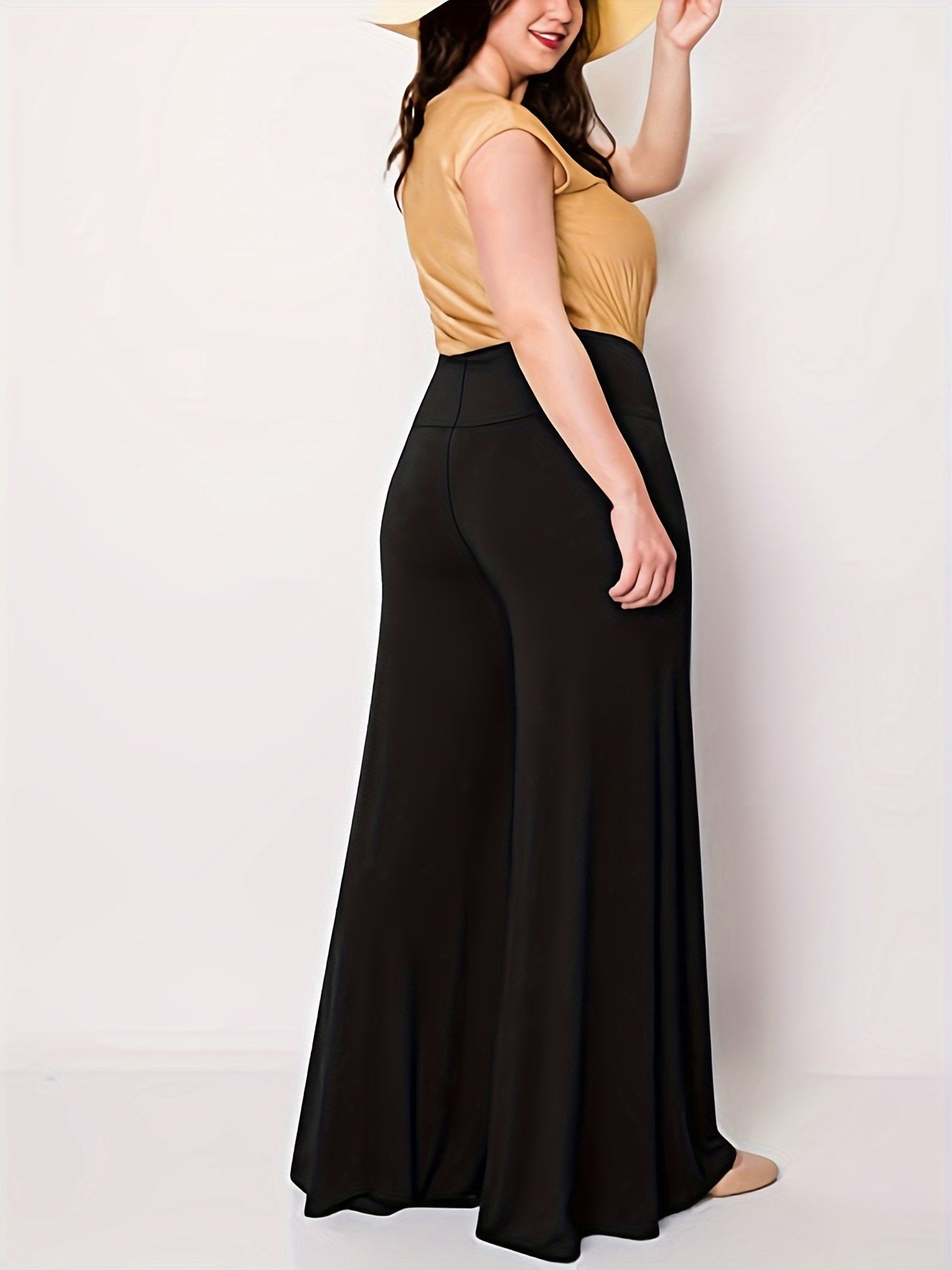  Solid Wide Band Waist High Rise Wide Leg Pants