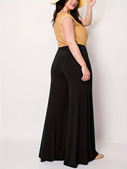  Solid Wide Band Waist High Rise Wide Leg Pants