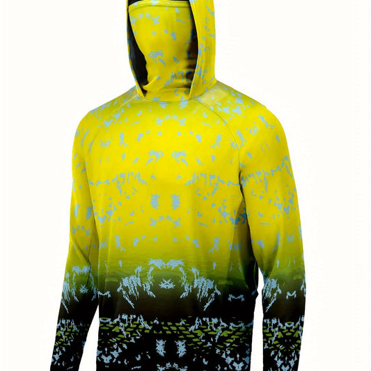 Men's Block Long Sleeve Hoodie With Mask Anti UV Sunscreen Fishing Shirt