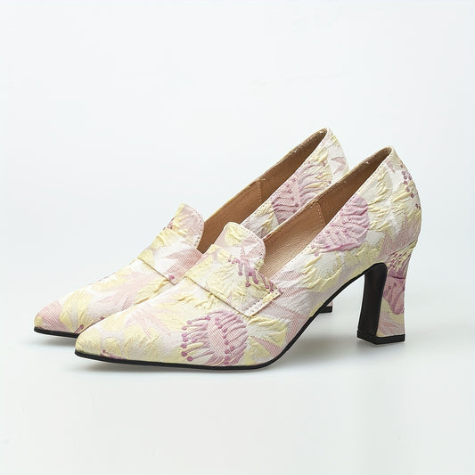 Women's Floral Embossed High Heels Pointed Toe Slip On Soft Sole Chunky Heels