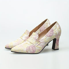 Women's Floral Embossed High Heels Pointed Toe Slip On Soft Sole Chunky Heels