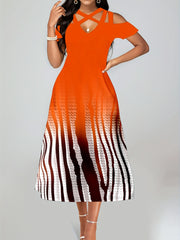  Ombre & Stripe Print Cold Shoulder Midi Dress