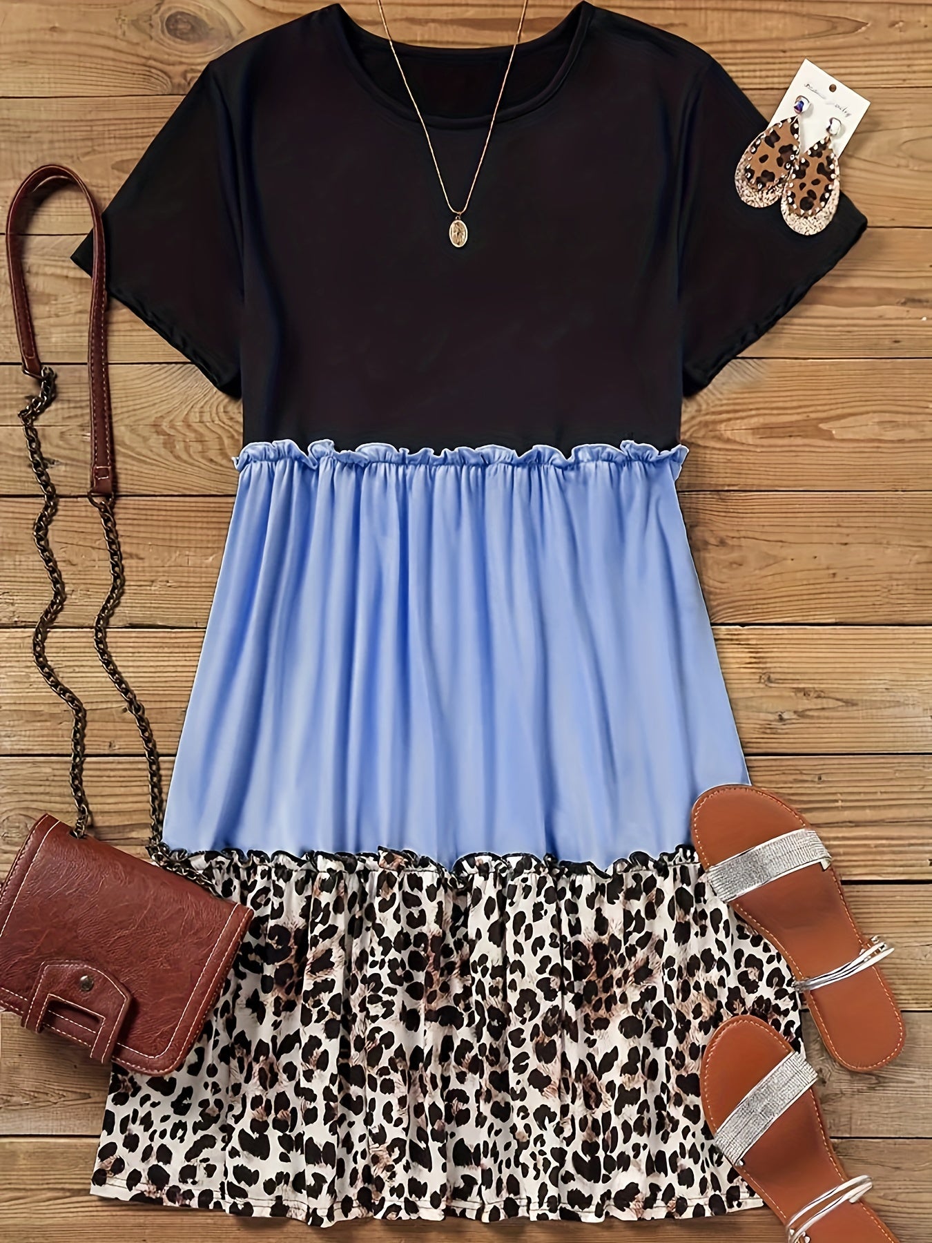  Colorblock Leopard Print Round Neck Short Sleeve Dress