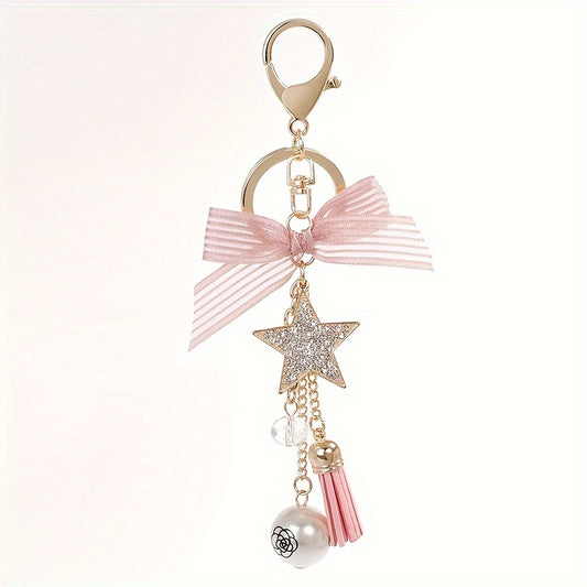 Pentagram Tassel Keychain Bow Pearl Key Chain Bag Purse Decor