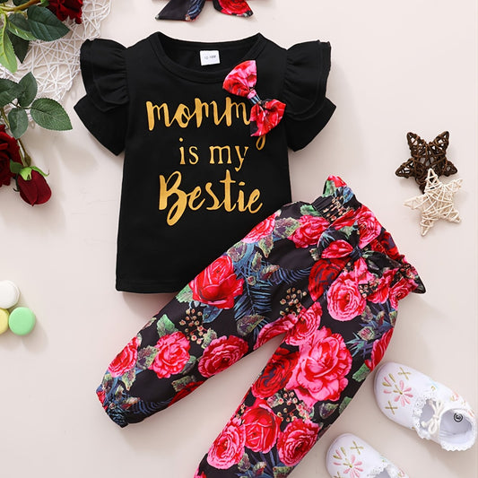 Girls' Ruffle Top & Floral Trousers Set with Headband
