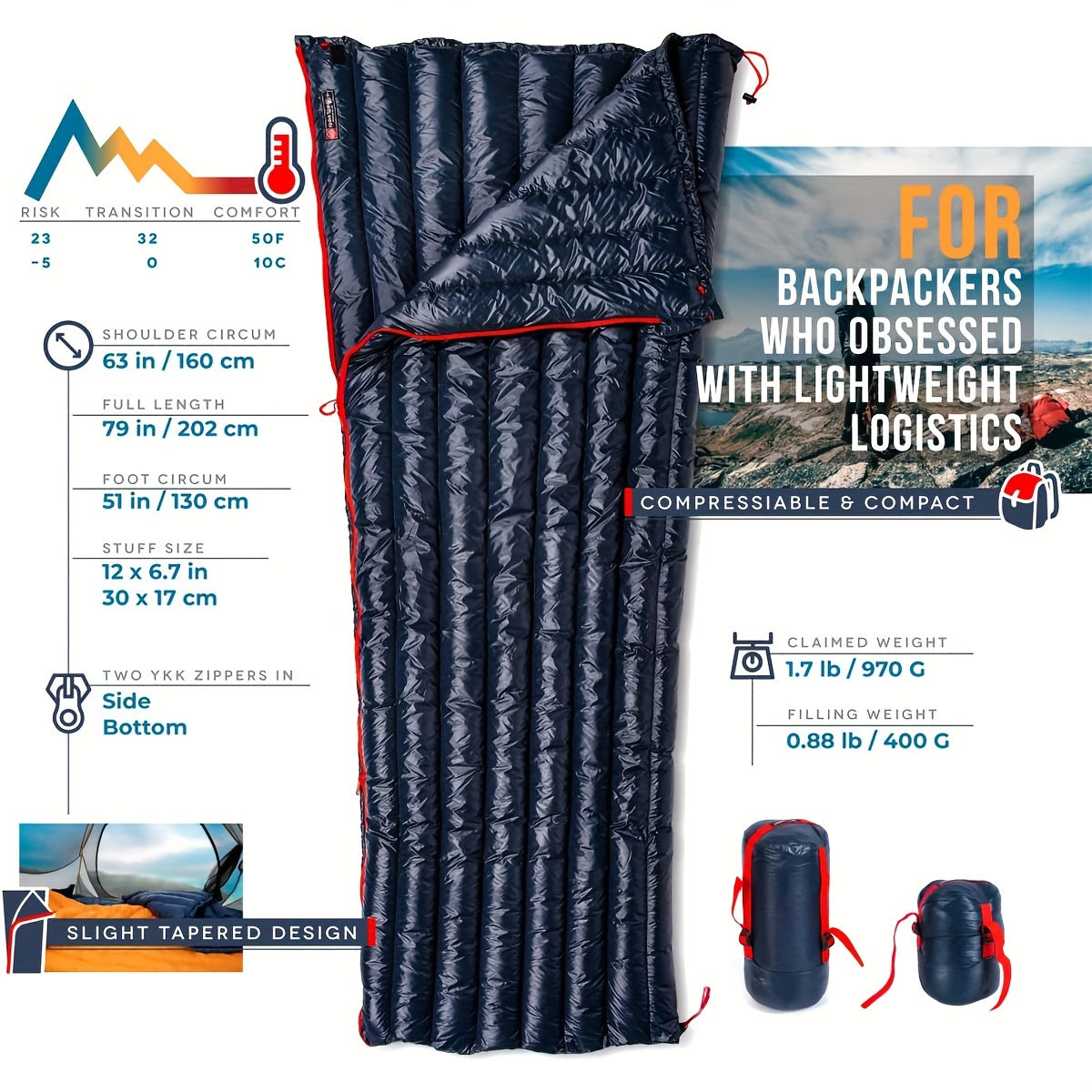 Ultralight 32F Down Sleeping Bag Envelope Compact Lightweight