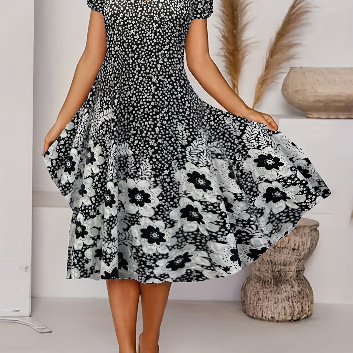 Floral Print Short Sleeve Loose Dress