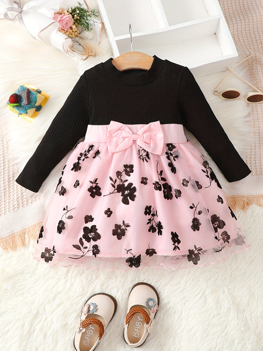 Baby Girl Flower Dress Long Sleeve Ribbed Mesh Casual Dresses
