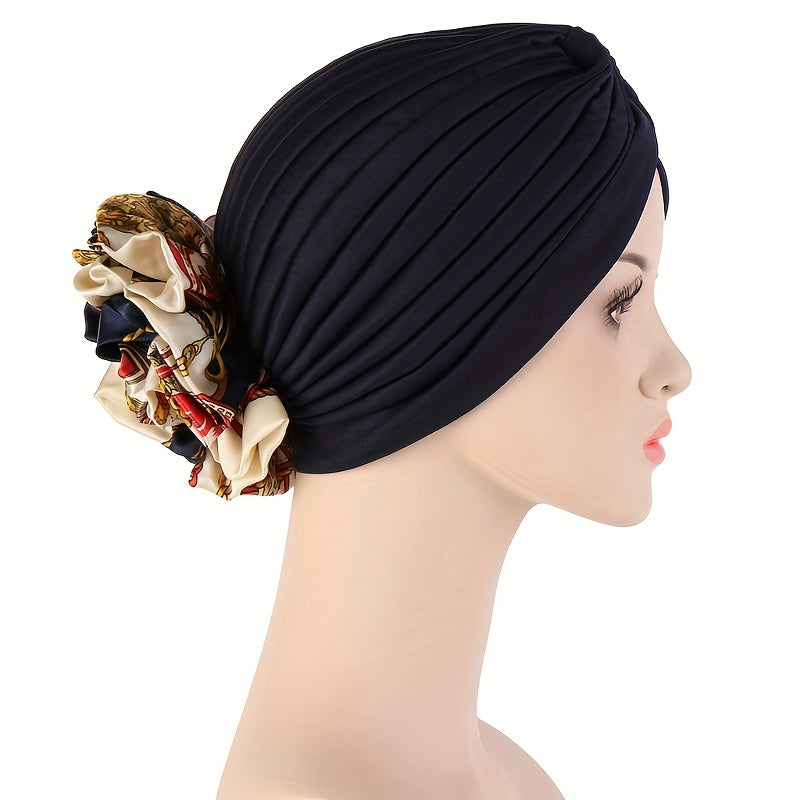 Pleated Turban Hat Ruffle Silk Flower Beanie Cap Head Wrap Bonnet Chemo Hats