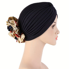 Pleated Turban Hat Ruffle Silk Flower Beanie Cap Head Wrap Bonnet Chemo Hats
