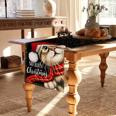 Linen Table Runner Christmas Cat Pattern Table Cover