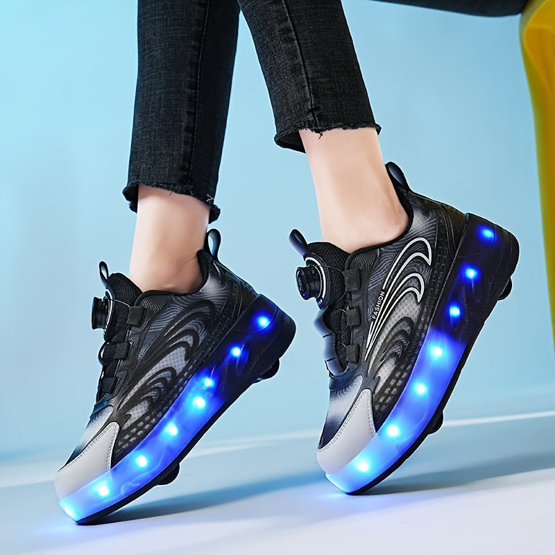Girl's LED Light Up Roller Shoes with Rotating Buckle - Comfy Wheel Skate