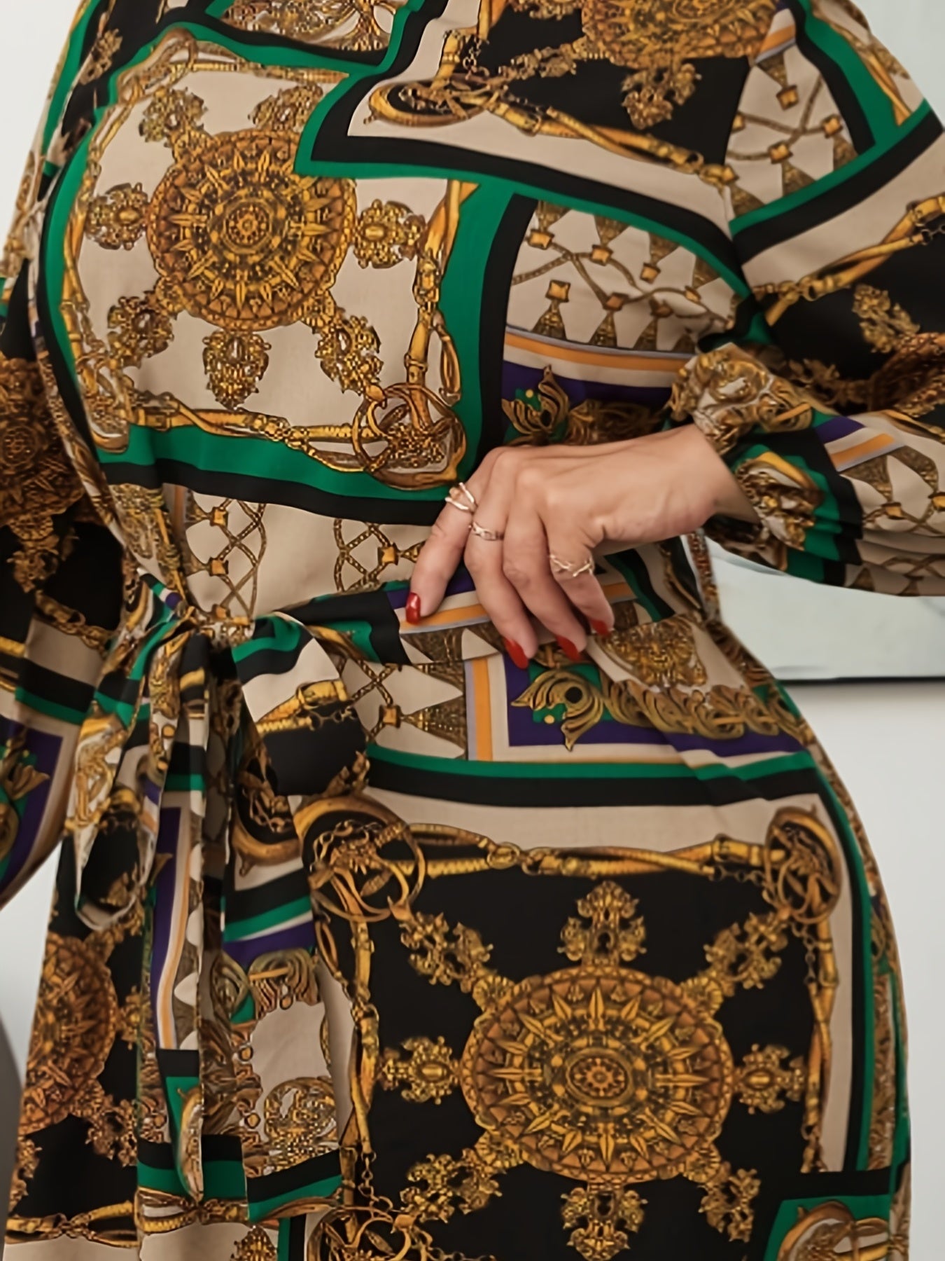  Scarf Print Lantern Sleeve A line Dress