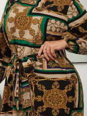 Scarf Print Lantern Sleeve A line Dress