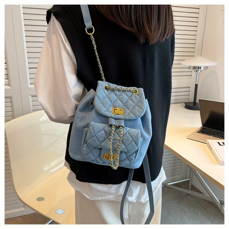 Minimalist Denim Backpack Solid Turn Lock Chain Daypack