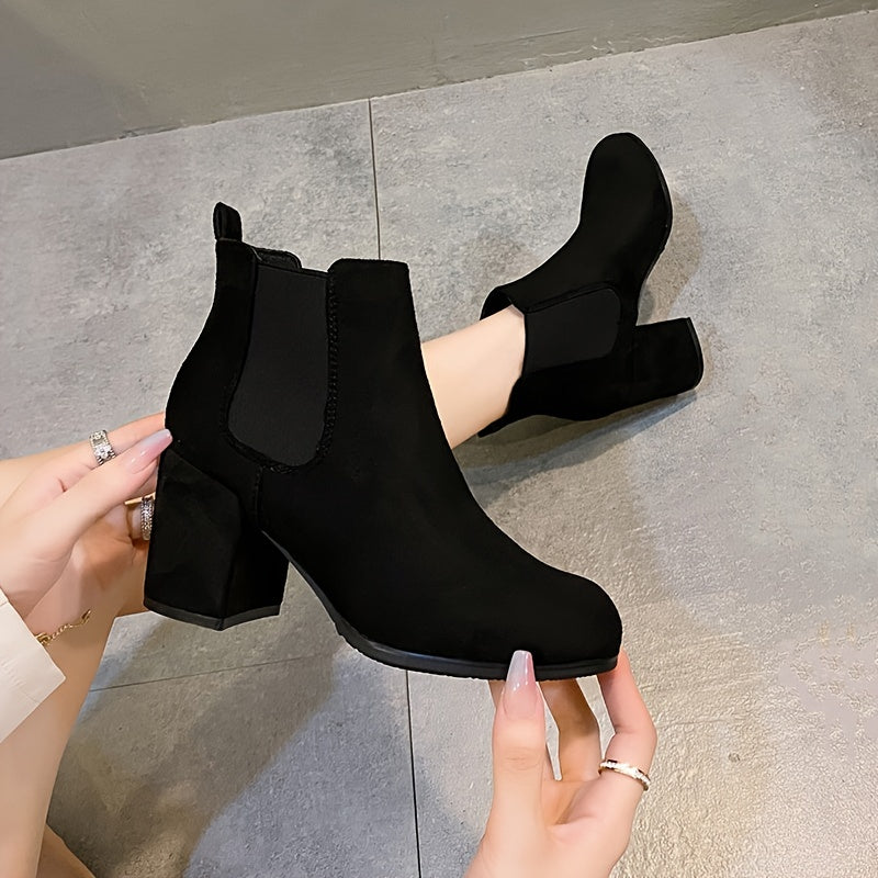 Women's High Heel Ankle Boots Round Toe Slip On Booties