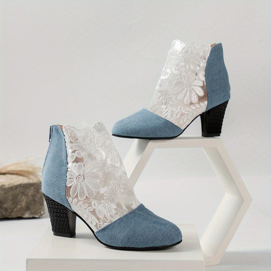Women's Embroidered Decor Heels Back Zipper Shoes