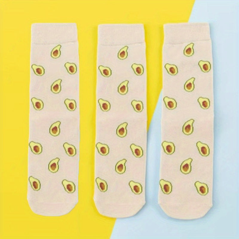 3 Pairs Cartoon Food Print Socks & Funny Mid Tube Socks Women's Stockings